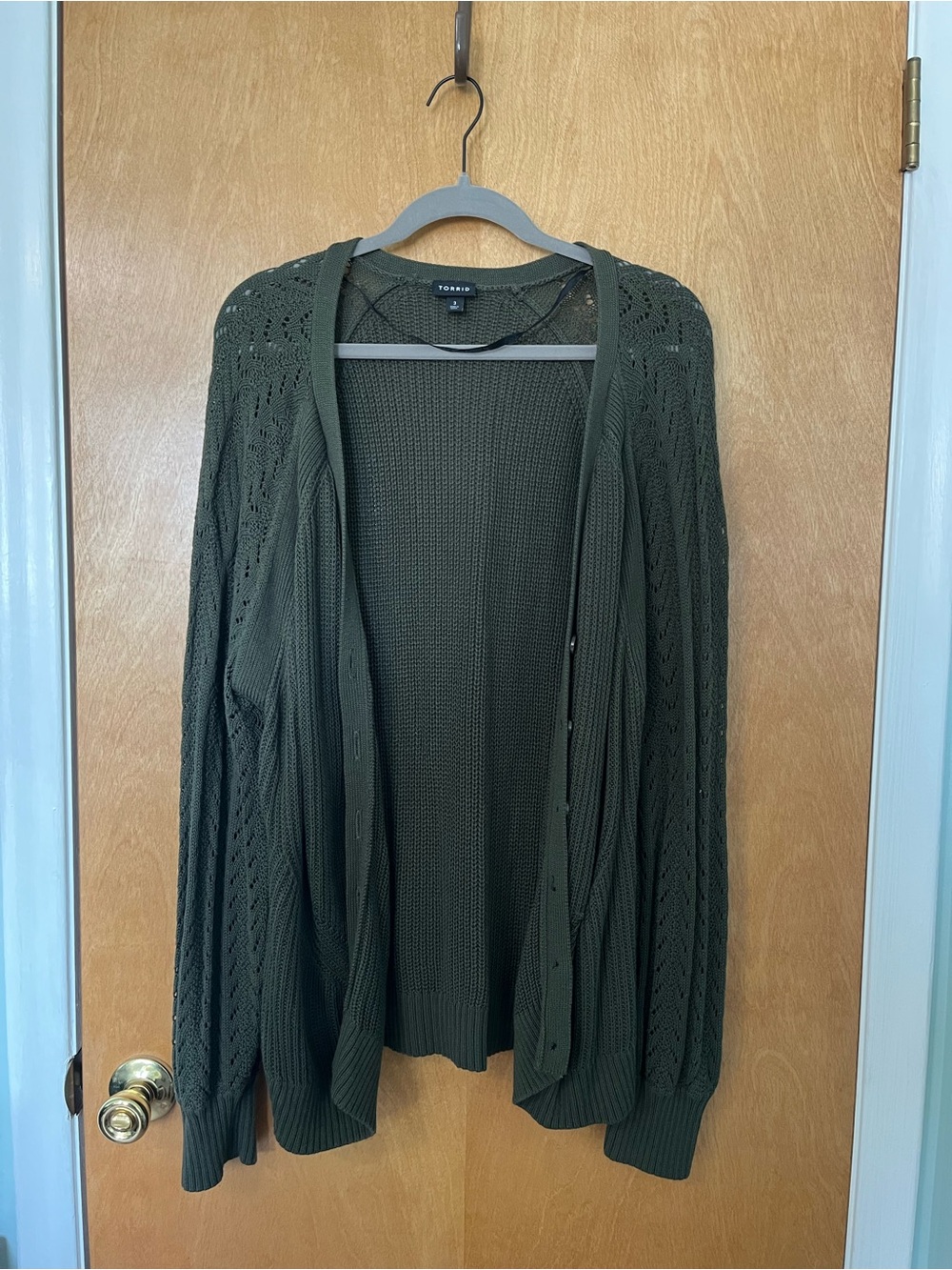 Torrid Olive-Green Plus-Size Knit Cardigan with Pointelle Sleeves | Size 3